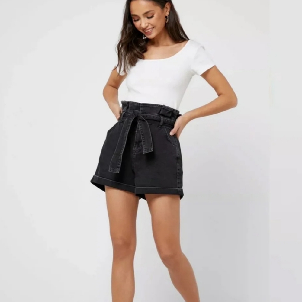 Topshop Black Wash Paperbag Denim Shorts
